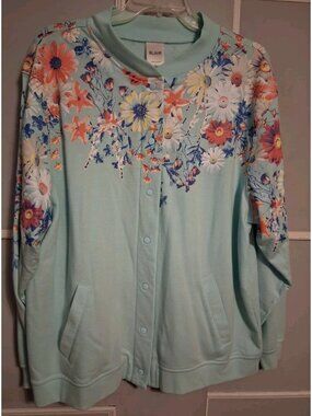 Blair Fleece Jacket Teal/Flowers Sz L Snap Pockets Vtg Grannycore Cottagecore